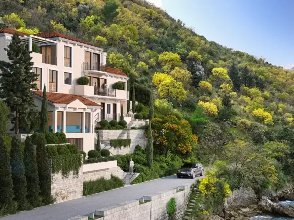 Modern villa under construction on the first line to the sea, Stoliv, Kotor