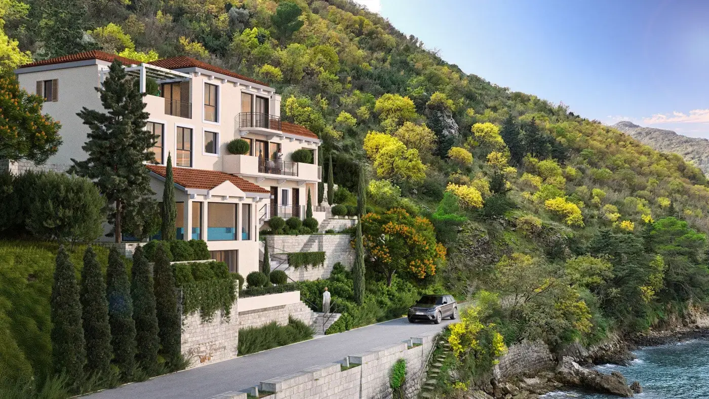 Modern villa under construction on the first line to the sea, Stoliv, Kotor