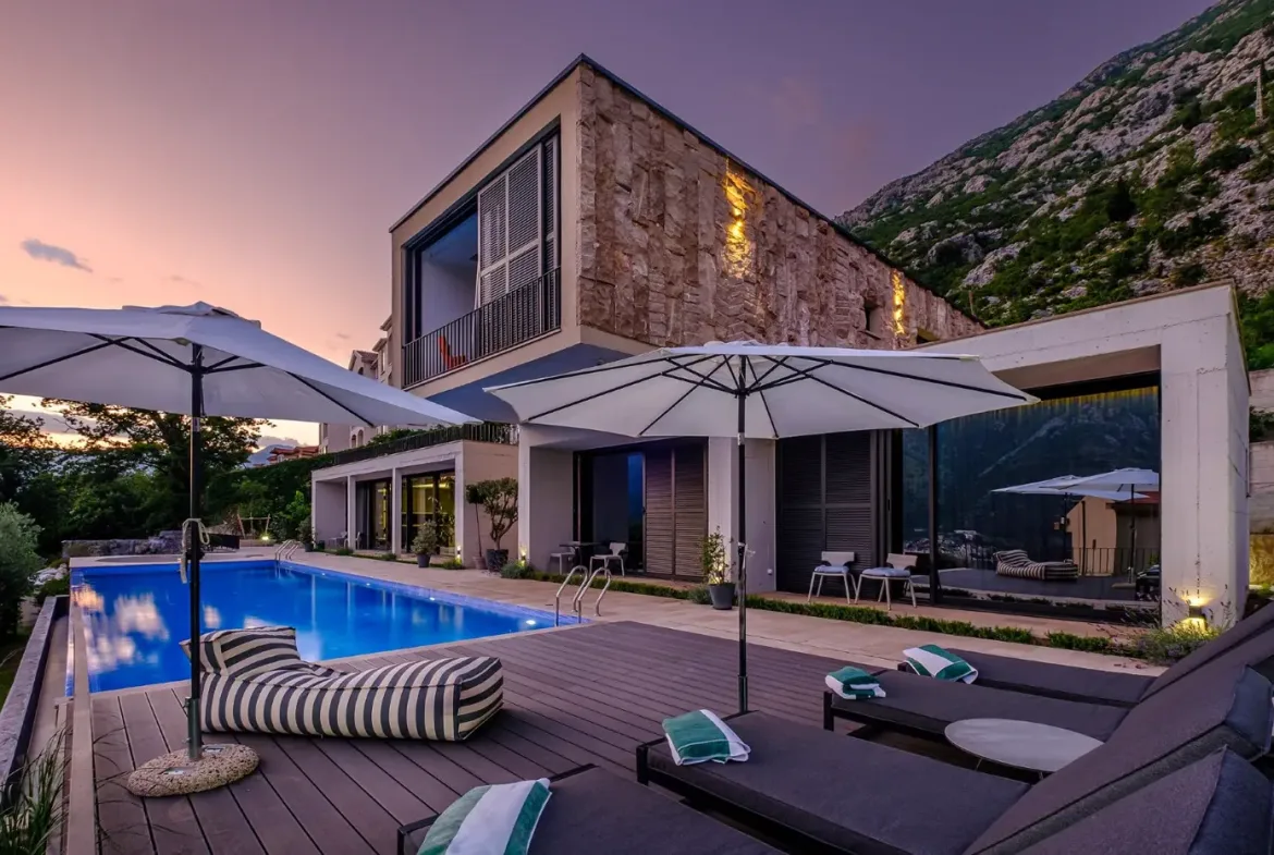 Contemporary villa with a panoramic view of the bay, Dobrota, Kotor