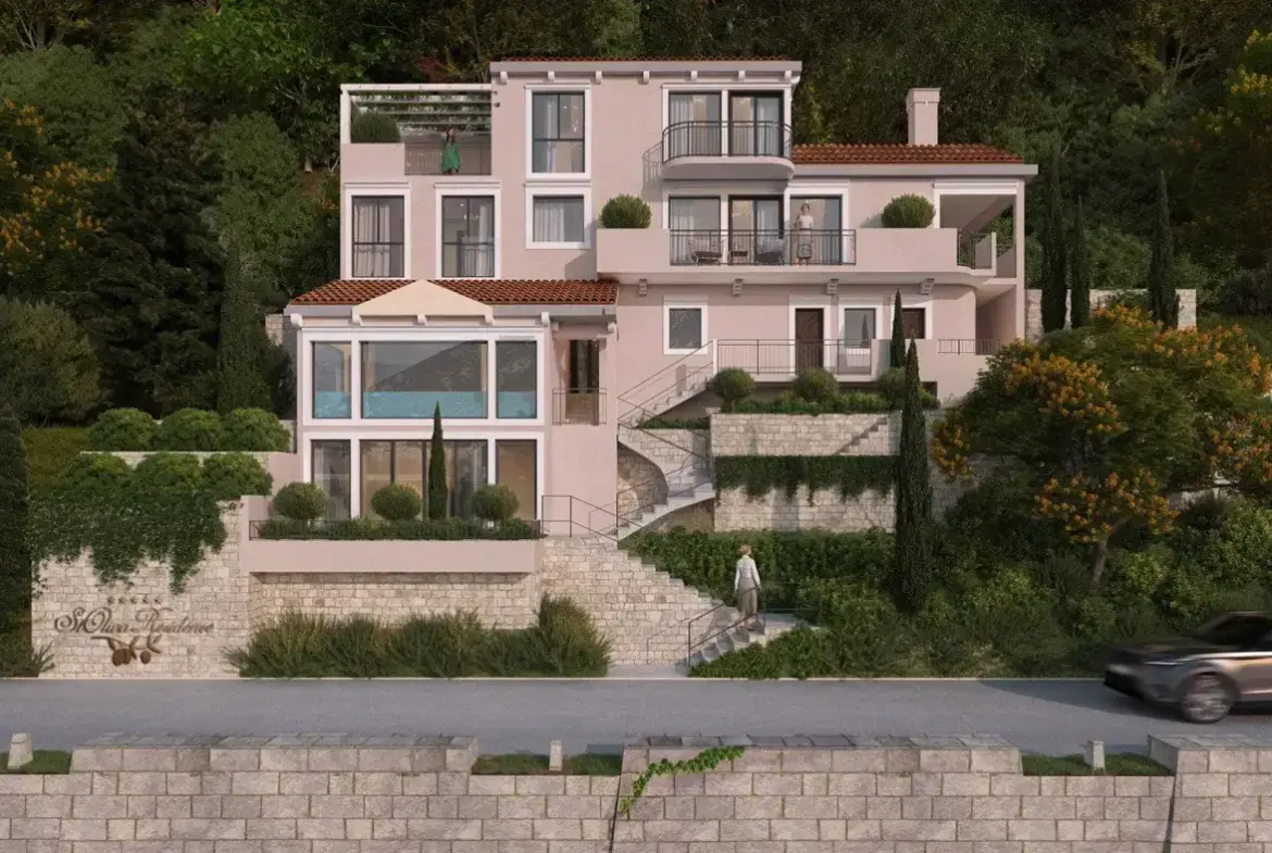 Modern villa under construction on the first line to the sea, Stoliv, Kotor