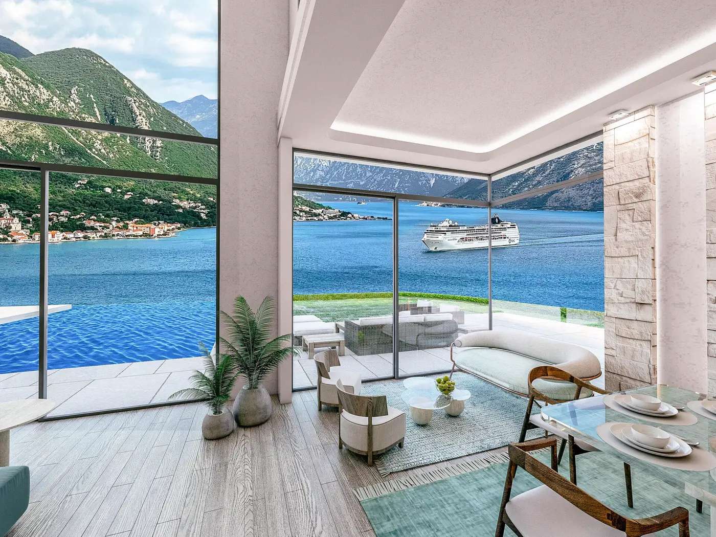 Modern villa with pool and panoramic view of the bay, Dobrota, Kotor