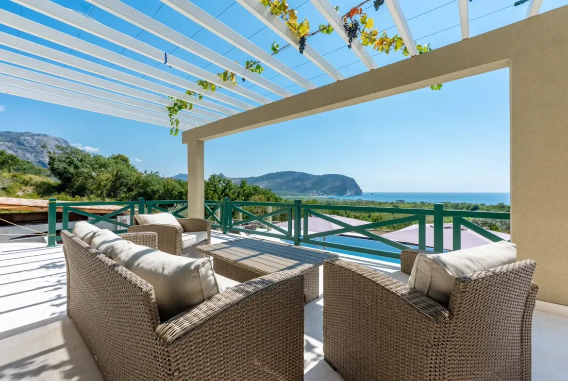 New stone villa with pool and open sea view, Buljarica