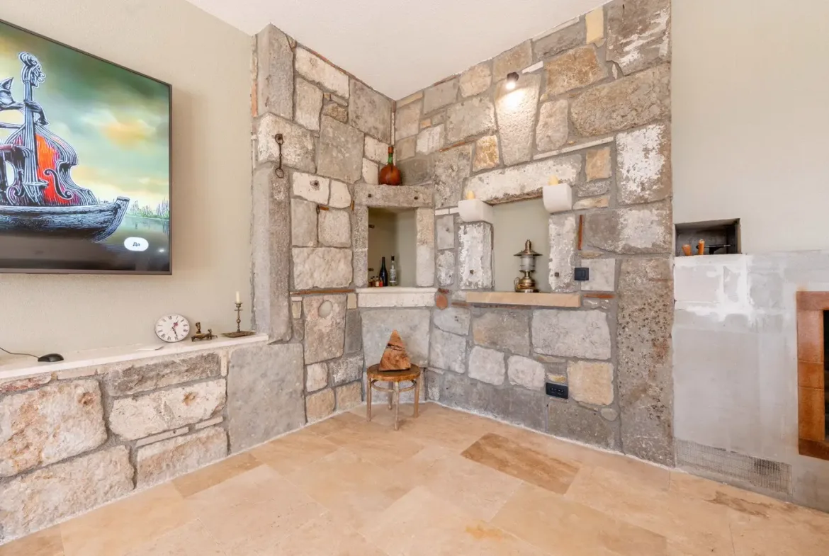 New stone villa with pool and open sea view, Buljarica