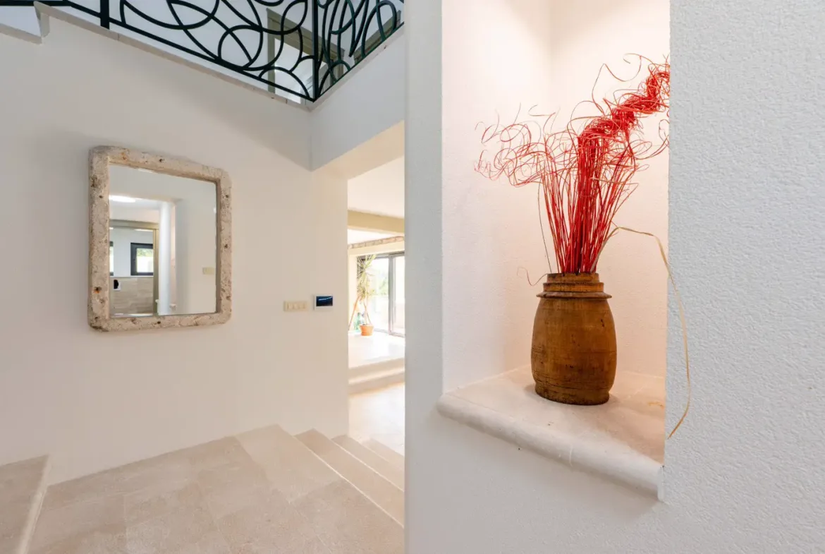 New stone villa with pool and open sea view, Buljarica