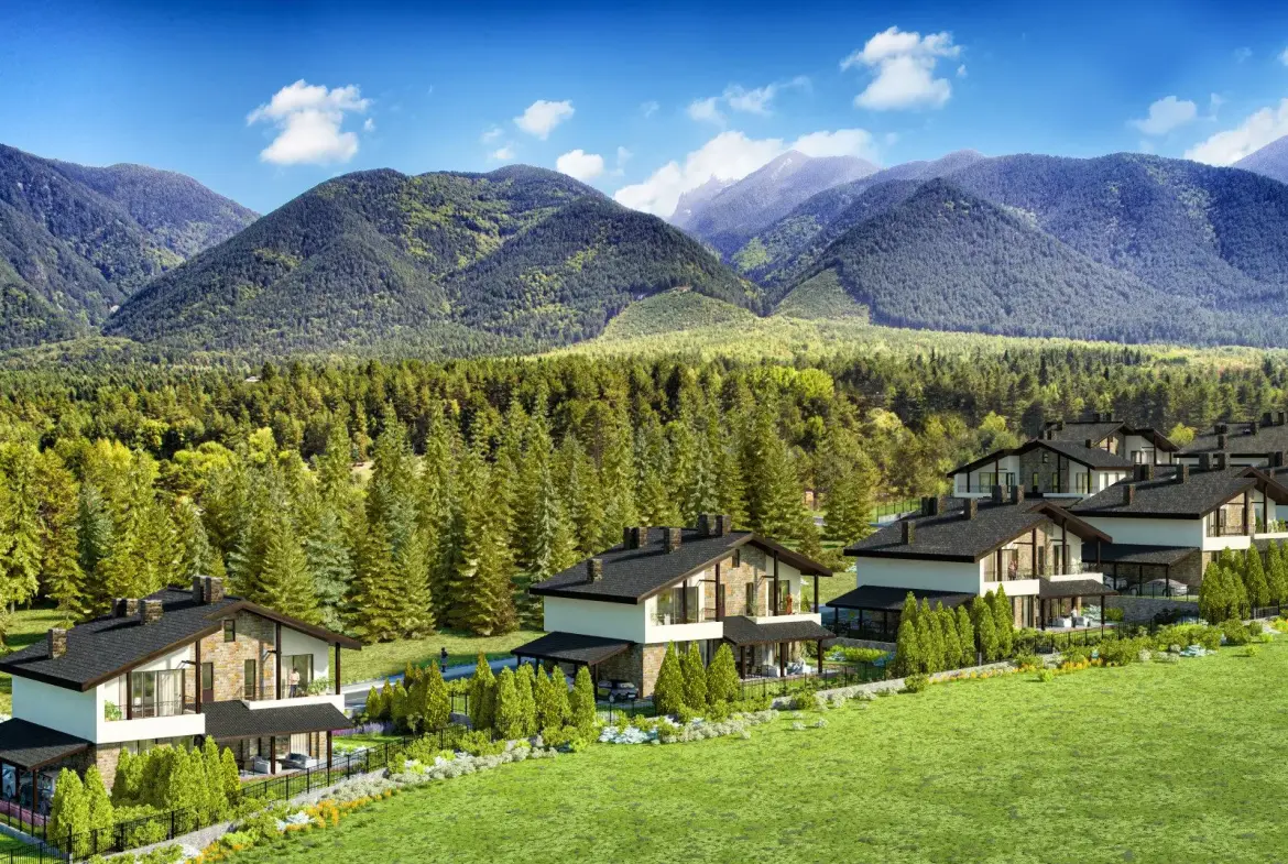 House with panoramic views and private yard in a villa village near Pirin Golf