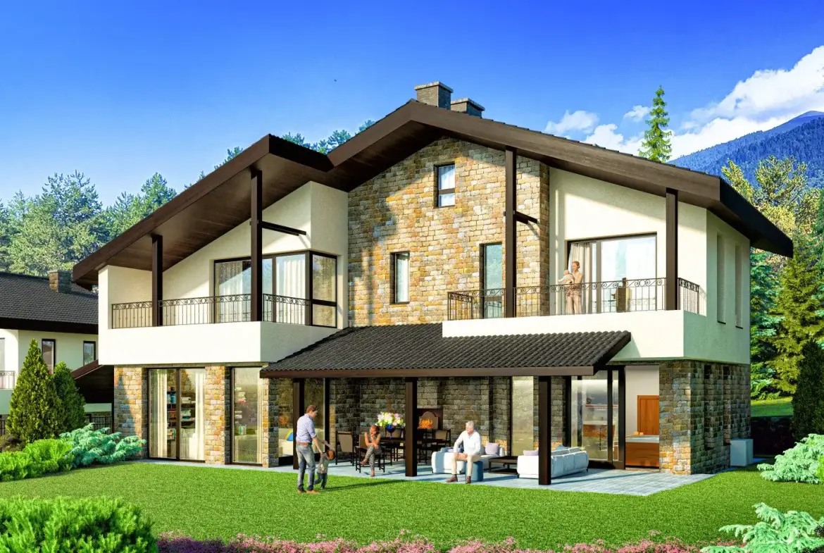 House with panoramic views and private yard in a villa village near Pirin Golf