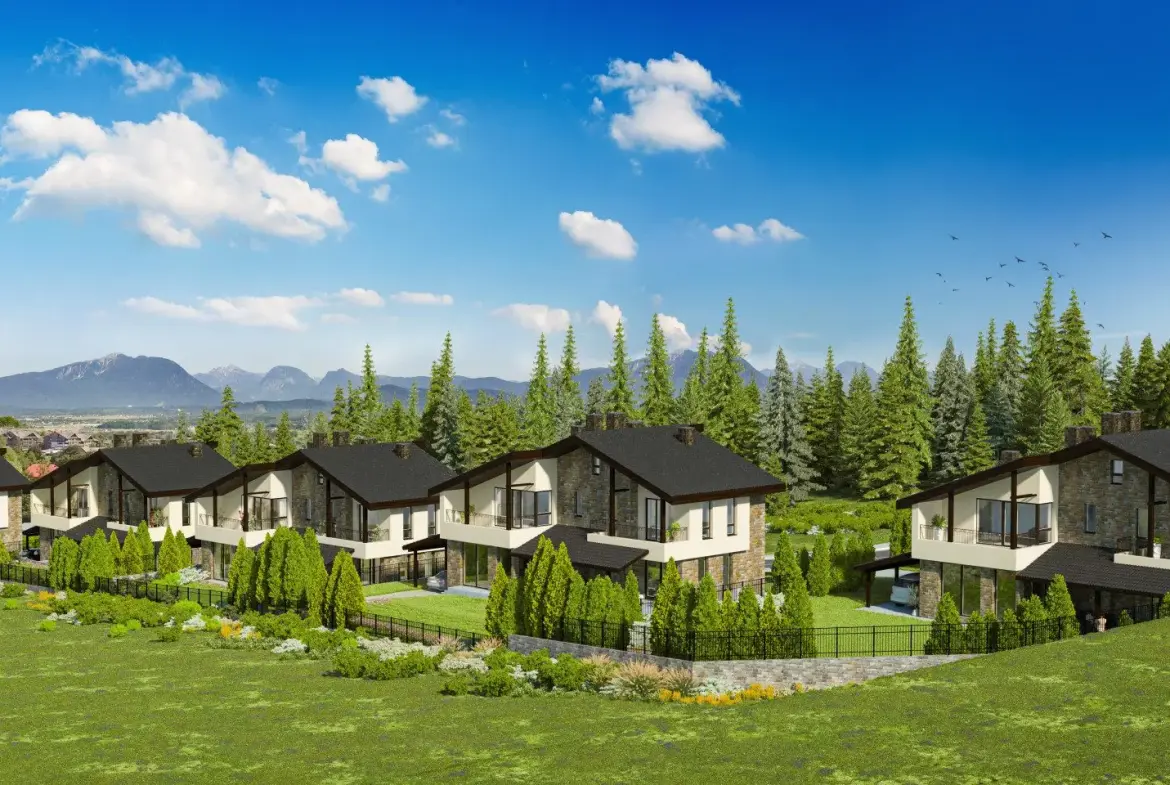 House with panoramic views and private yard in a villa village near Pirin Golf