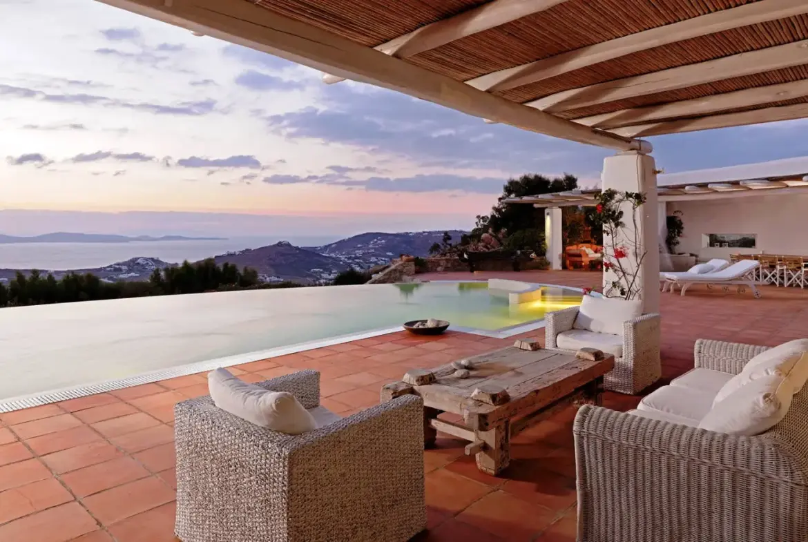 Exclusive architectural estate with panoramic Delos & sunset views, Agios Lazaros, Mykonos