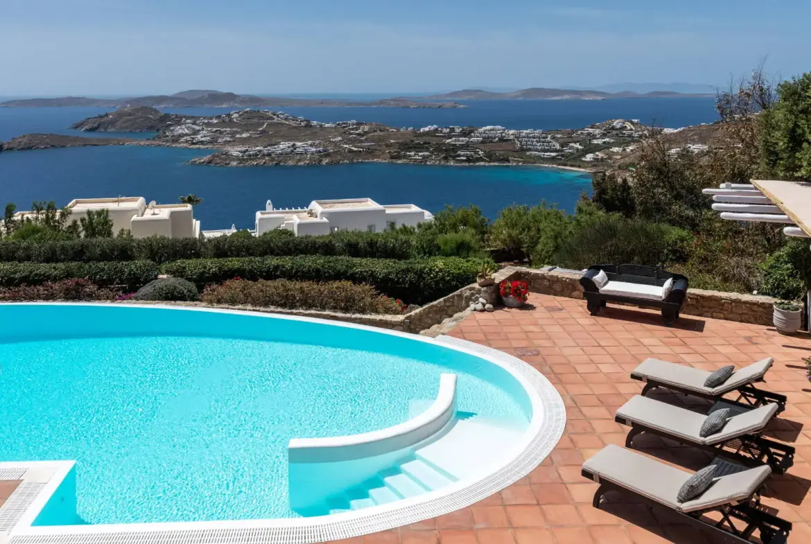 Exclusive architectural estate with panoramic Delos & sunset views, Agios Lazaros, Mykonos
