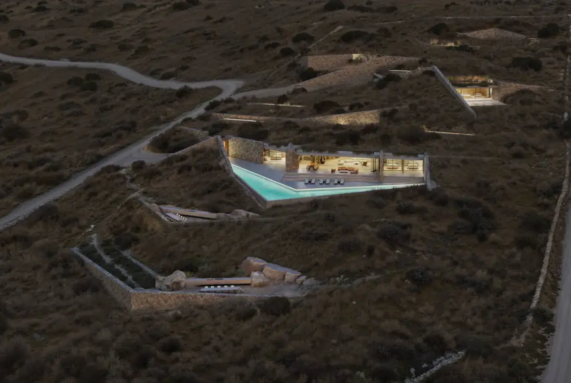 Iconic subterranean estate with signature V-shaped infinity pool in Antiparos