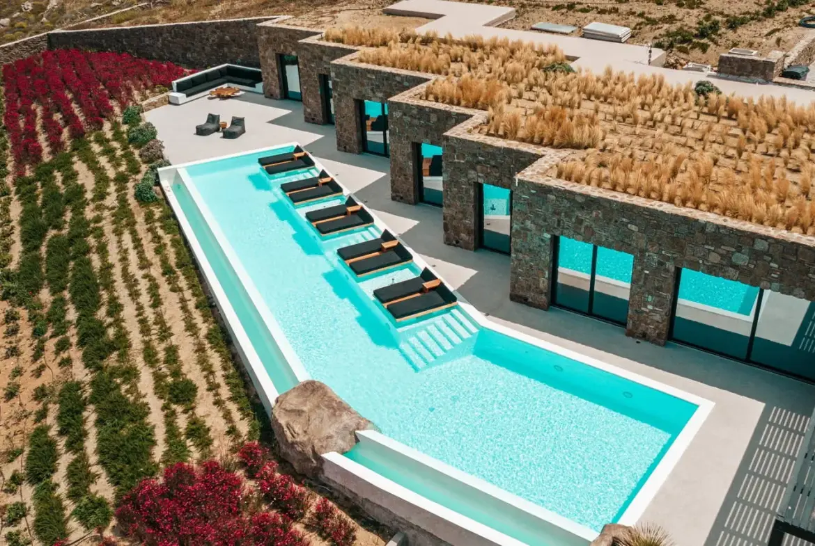 Luxury Architectural Cave Villa with Pool & Panoramic Aegean Views in Ftelia, Mykonos