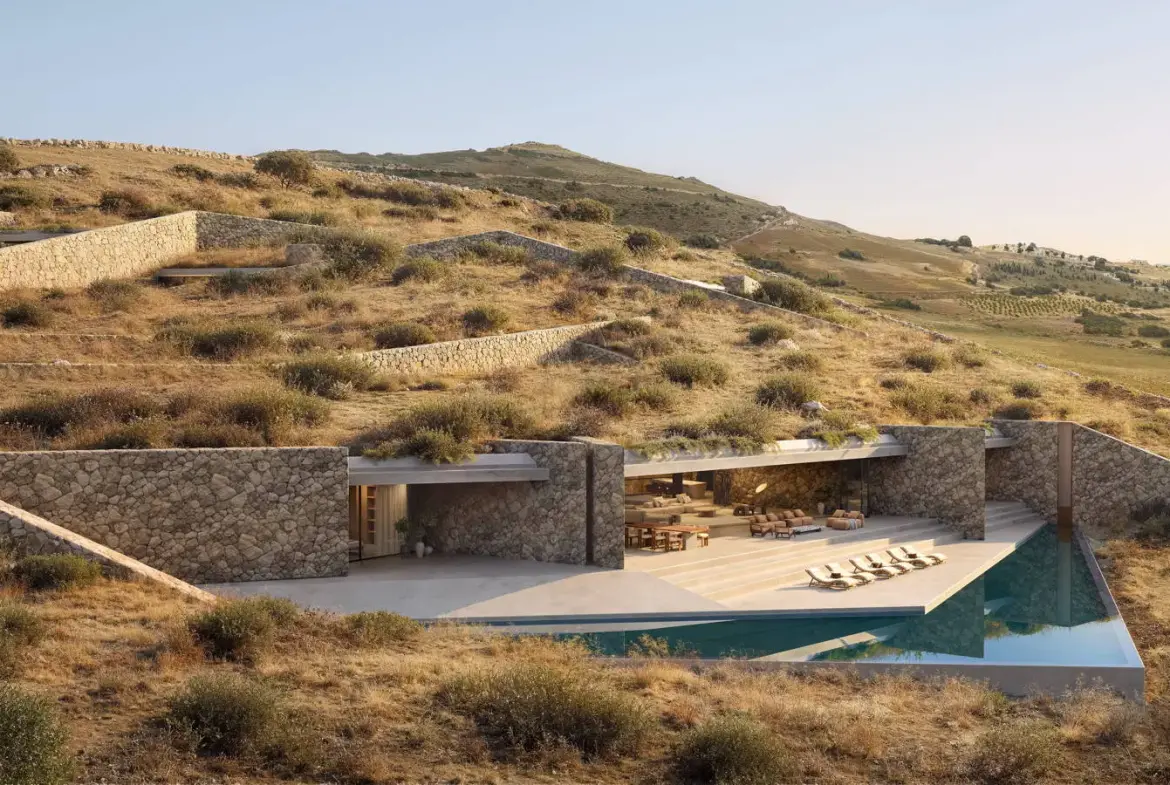 Iconic subterranean estate with signature V-shaped infinity pool in Antiparos