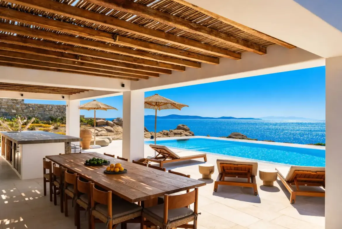 Seafront villa with private beach access and sunset views in Mykonos