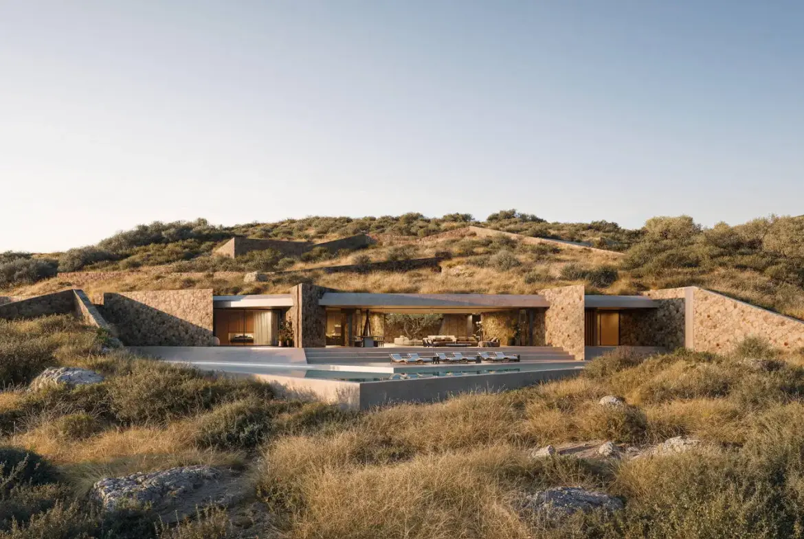 Iconic subterranean estate with signature V-shaped infinity pool in Antiparos