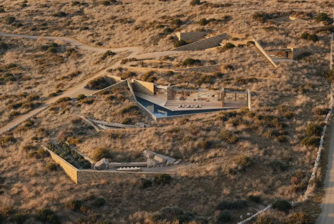 Iconic subterranean estate with signature V-shaped infinity pool in Antiparos
