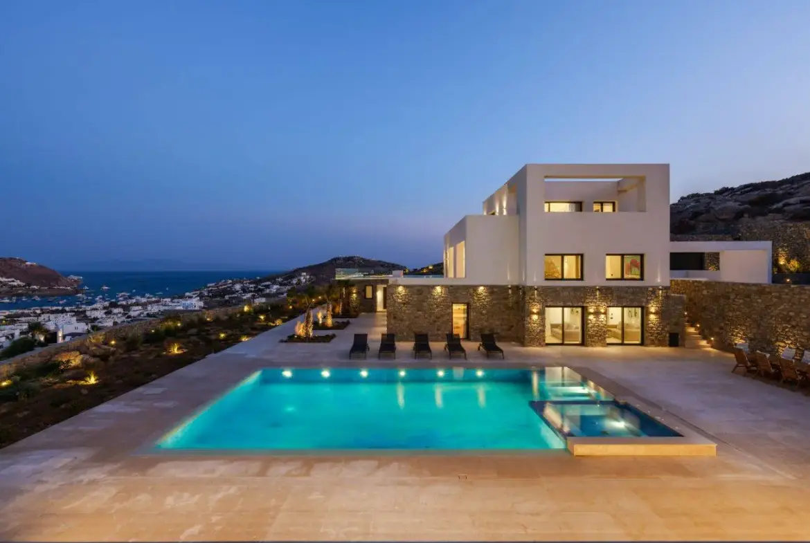 Contemporary ultra-luxury estate in Mykonos with helipad, dual pools & panoramic Aegean views