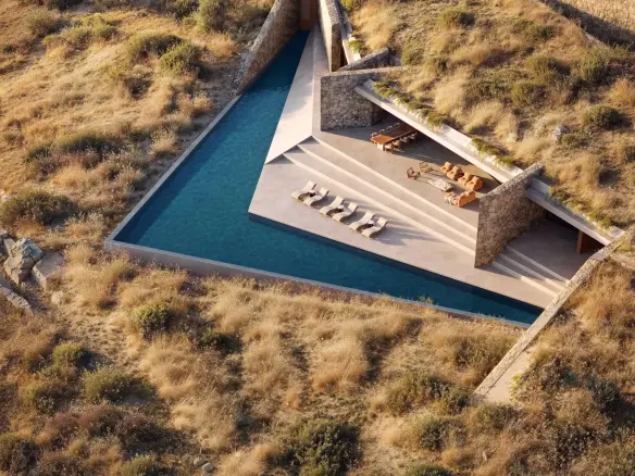 Iconic subterranean estate with signature V-shaped infinity pool in Antiparos