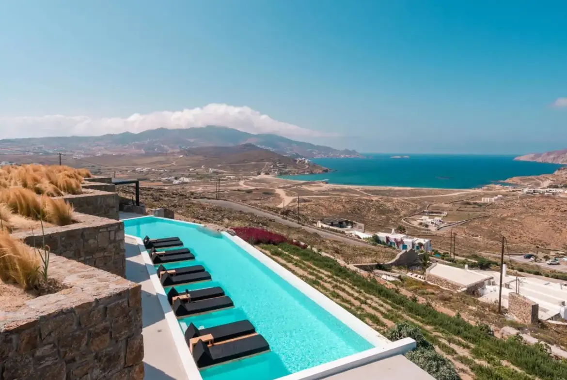 Luxury Architectural Cave Villa with Pool & Panoramic Aegean Views in Ftelia, Mykonos